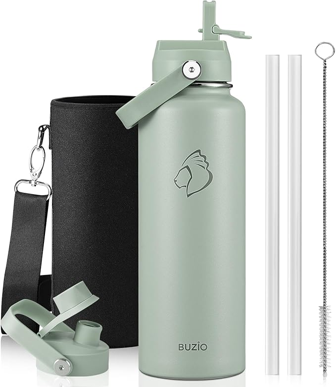 BUZIO 40 oz Water Bottle Insulated, Triple Wall Vacuum Stainless Steel Flask (Cold for 48 Hrs), Leakproof BPA-Free Wide Mouth Metal Jug Hydro Canteen with 2 Lids, Sage Green