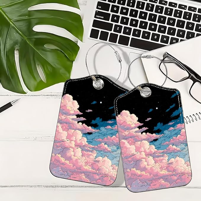 2Pcs Pink Clouds Luggage Tags for Suitcases, 2.83x4.53 Starry Sky ID Labels with Privacy Cover, Aesthetic Anime Bag Tags for Backpacks, Graduation Gift for Girls, Set of 2