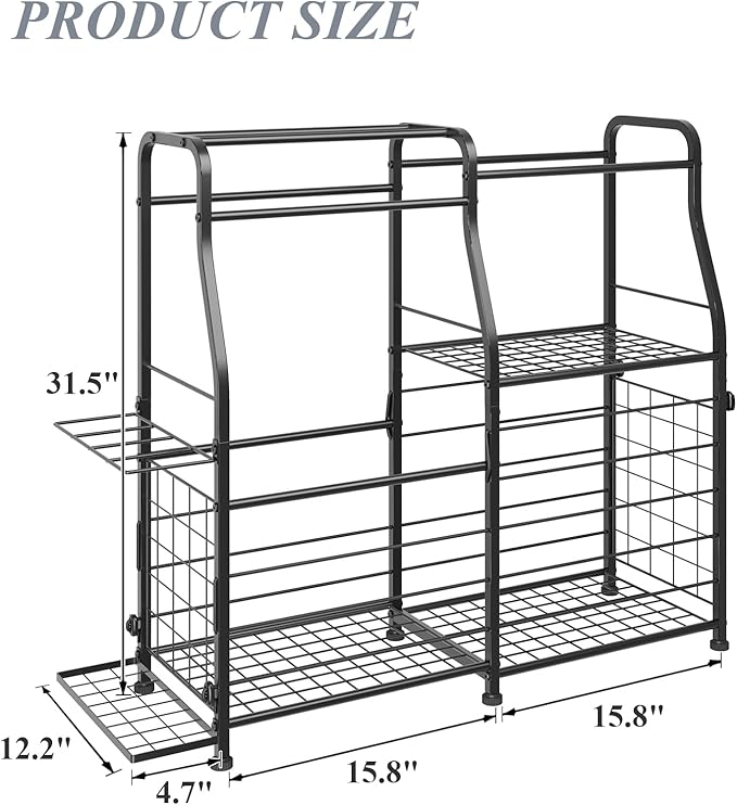 Garage Sports Equipment Organizer with Wheels - Ball Storage Rack with Elastic Rope or Wire Mesh,Garage Organizer System,Indoor/Outdoor Sports Rack for Sports Gear and Toys Storage,Black