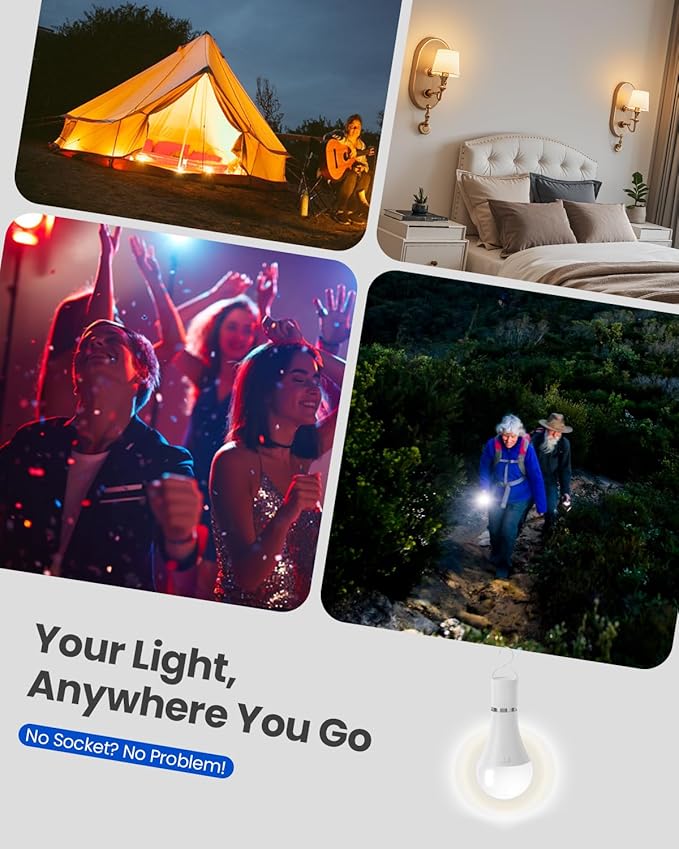 KINDEEP Rechargeable Light Bulbs with Remote, E26 Battery Operated LED Bulb: 2000mAh Dimmable Wireless Backup Light Bulb with 15 Colors & 3 Timer for Non-Hardwired Lamps Wall Sconce, 2 Pack