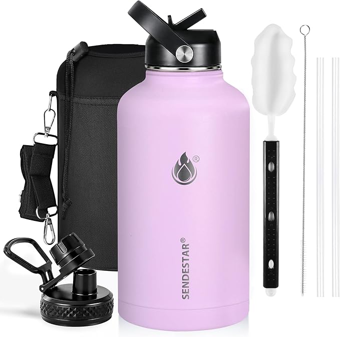 Insulated Water Bottle 64 oz, Triple Wall Vacuum Stainless Steel Water Bottles (Cold for 48 Hrs), Leak Proof & Non-BPA, Half Gallon Water Flask Jug Wide Mouth Straw Lid & Spout Lid