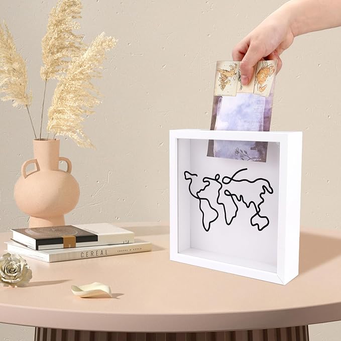ASTIMESA 7.8" x 7.8" Adventure Archive Box Display Case, Transparent Travel Shadow Box Frame with Slot on Top, Map Travel Memories Holder for Keepsakes Gift Concert Ticket Photo (Black)
