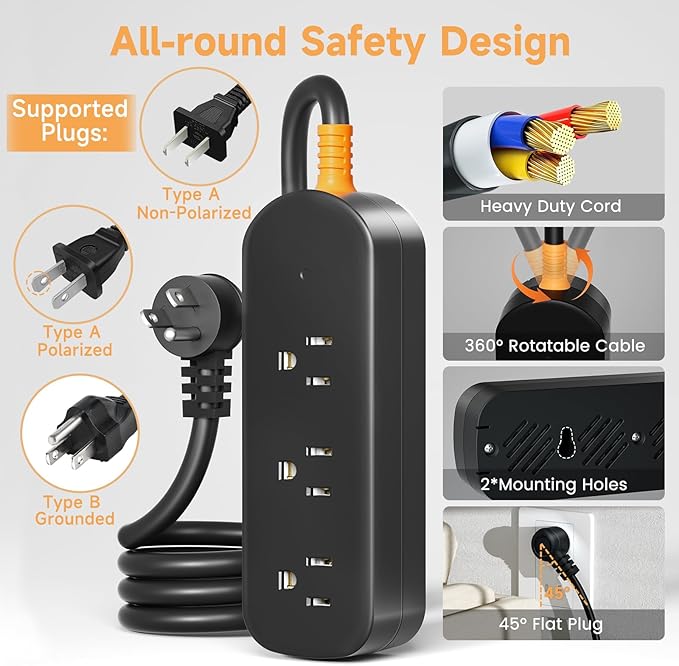 Outdoor Surge Protector Power Strip Weatherproof, 3 FT Extension Cord Outdoor Power Strip Waterproof with 3 AC Outlets, 1625W Overload Protection, for Camping, Home, Dorm, Office
