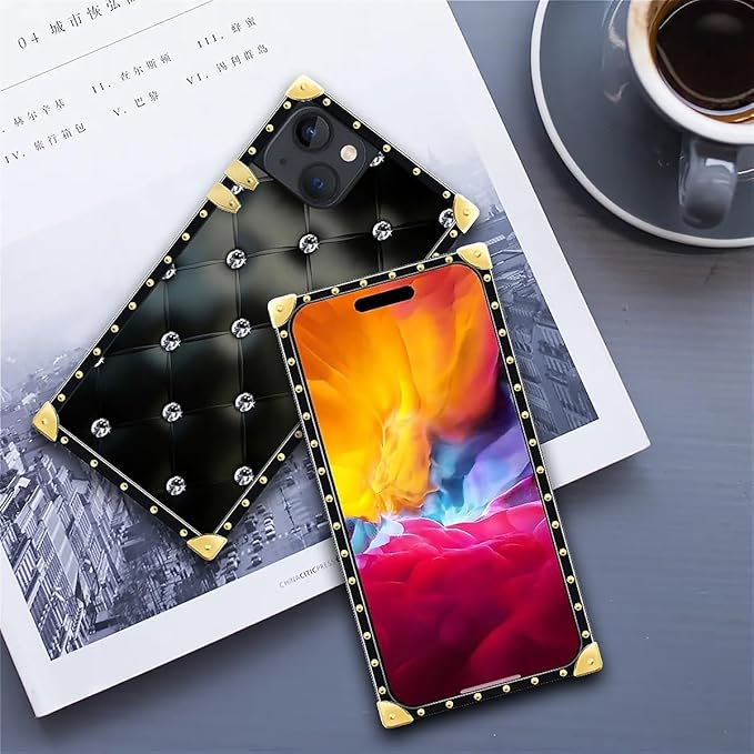 Compatible with iPhone 15 Case, Shiny Black Sofa Crystal Luxury Golden Decoration for Girl Women Soft TPU Shockproof Protective Hard PC Back for iPhone 15