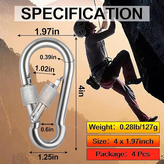 Locking Carabiner Clips, Stainless Steel Spring Snap Hook Locking Carabiner Heavy Duty - 304 Premium Stainless Steel Thumb Screw Carabiner Clip