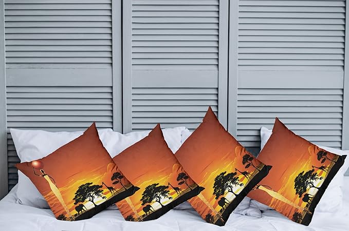 Ambesonne Elephant Throw Pillow Cushion Case Pack of 4, Woman and Wild Landscape with Animals, Modern Accent Double-Sided Digital Printing, 18", Orange Black