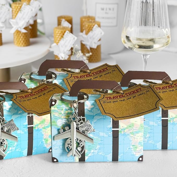 50 Set World Map Mini Suitcase Favor Boxes Party Favor Candy Box with Airplane Keychains Travel Ticket and Burlap Twine for Travel Themed Party, Bridal Shower, Wedding Decorations