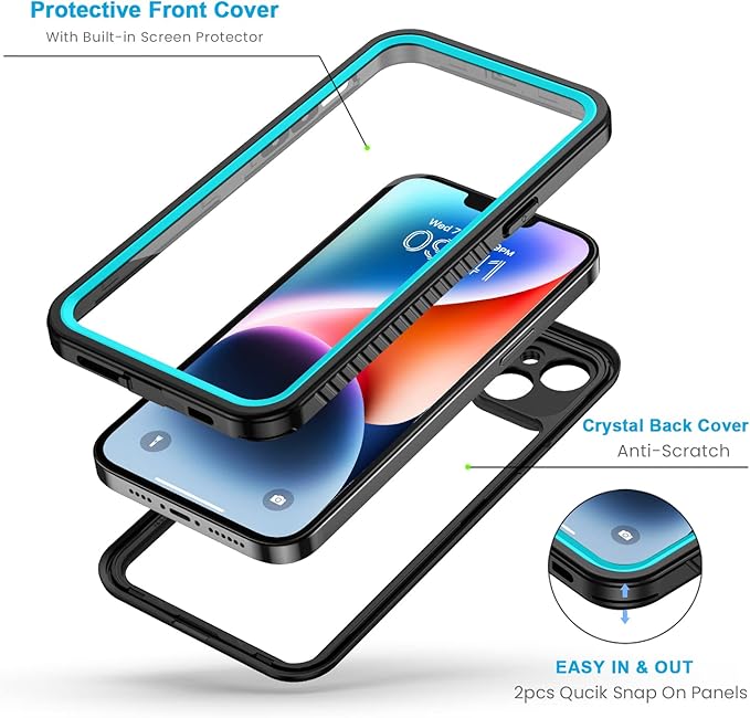 Lanhiem for iPhone 14 Case, IP68 Waterproof Dustproof Shockproof 14 Case with Built-in Screen Protector, Full Body Sealed Protective Front and Back Cover for iPhone 14, 6.1 inch (Blue)