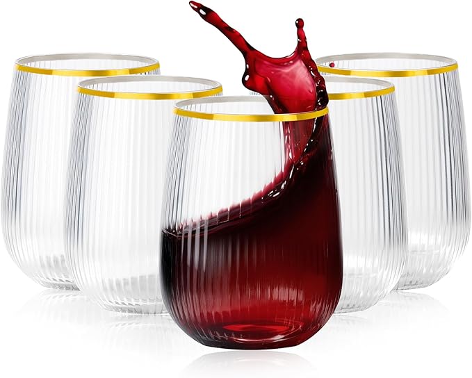 Lueumxc 36 Pack Plastic Wine Glasses, 15Oz Gold Rim Origami Disposable Wine Glasses Unbreakable Clear Plastic Cocktail Glasses Recyclable Shatterproof Reusable Wine Cups