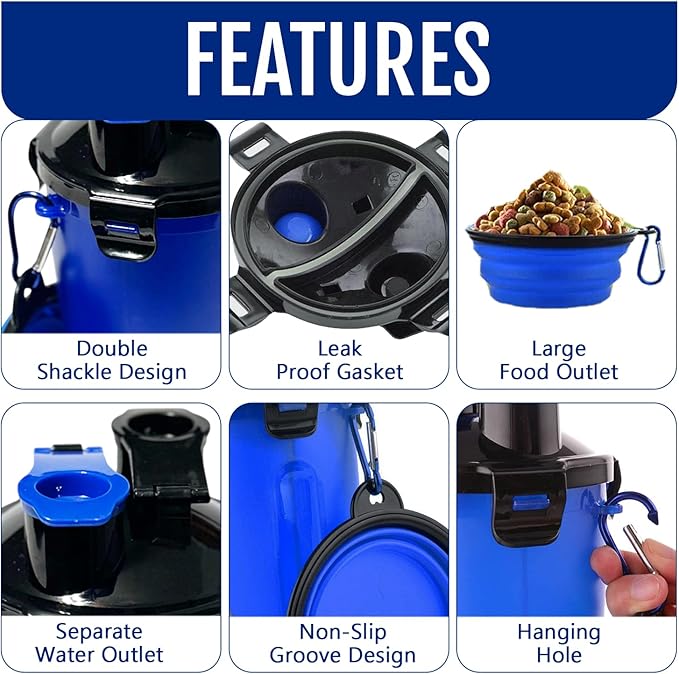 Dog Travel Water Bottle W/Collapsible Bowls - Portable 2 in 1 Leakproof Pet Water Bottle Food Container Ideal for Travel, Outdoor Portable Water Bowls for Walking, Camping & Hiking - (Blue)