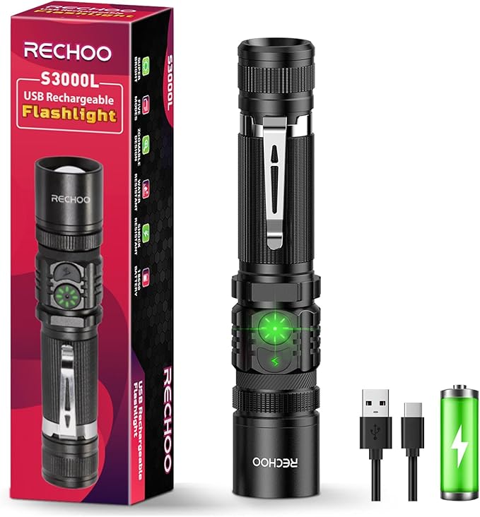 RECHOO Flashlight Rechargeable High Lumens, Dual Switch Rechargeable LED Flashlight 1 Pack, Adjustable Foucs 5 Lighting Modes Flashlights for Home, Camping, Gifts for Men