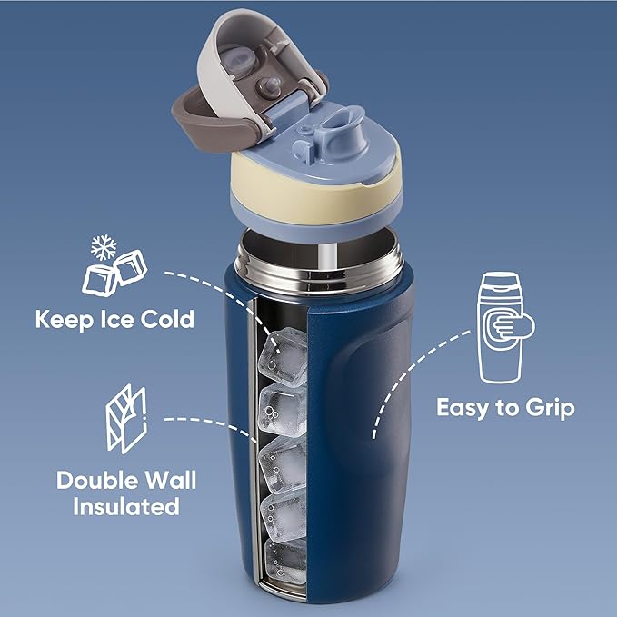 Fijinhom 16 oz Insulated Water Bottle,Stainless Steel Sports Water Bottle with Straw, Double Wall Vacuum Leak Proof, Cold for 24 Hours, BPA Free for Travel, Sport, Outdoor, Dark Blue