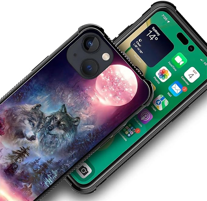 for iPhone 14 Plus Case, Star Two Wolfs Howling Pattern Graphic Design Girl Boy Soft Silicone Hard Acrylic Shock Protection for iPhone 14 Plus