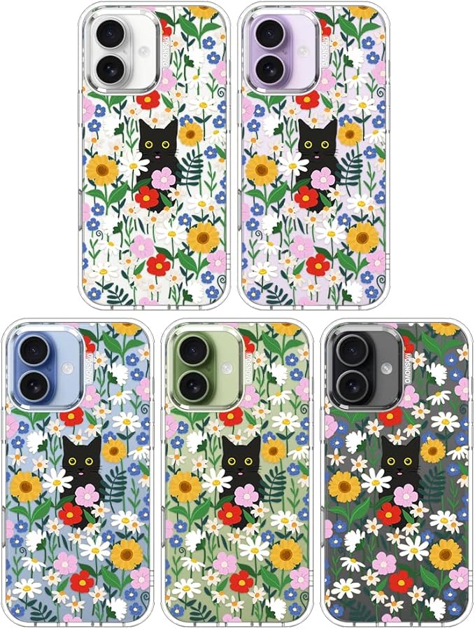 MOSNOVO for iPhone 17 Case | Military Grade 6.6ft Drop Tested | Camera Control | Clear with Black Cat in Garden Design