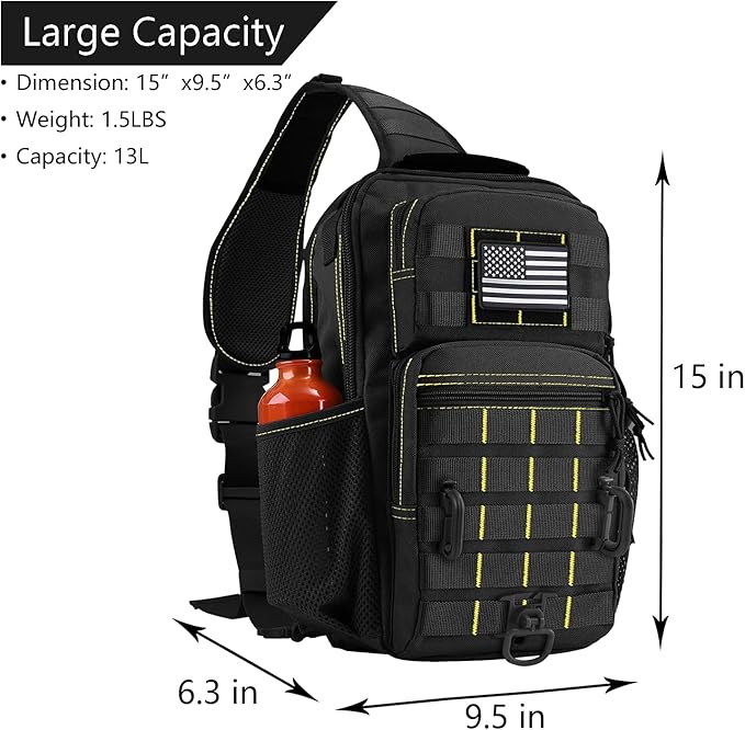 Rover Sling Pack Tactical Shoulder Sling Bag Backpack with Bottle Holder Crossbody Chest Bag, Black with Yellow