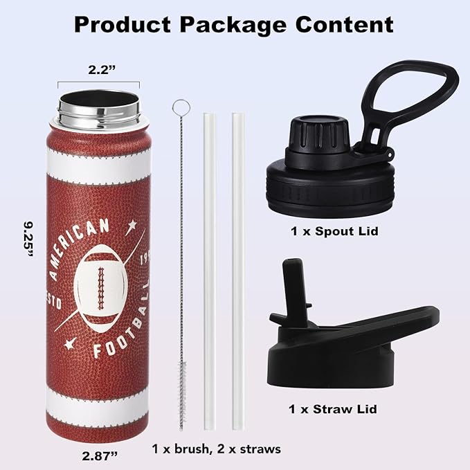 Football Water Bottle, 24 oz Insulated Stainless Steel Sports Bottle with Straw, Football Stuff Gifts for Boys