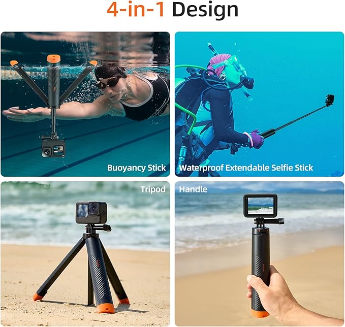 TELESIN 4 in 1 Selfie Stick Floating Hand Grip Tripod Waterproof Extendable Selfie Monopod for GoPro Hero 13, 12, 11, 10, 9, 8, DJI OSMO Action 6 5 Pro 4 3、Insta360 Ace Pro 2 and Most Action Camera
