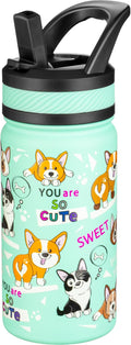 Fanhaw 14 Oz Kids Insulated Water Bottle with Straw - Stainless Steel Double Wall Vacuum Cup, Leakproof, BPA Free, Suitable for Boys and Girls(Green - Dogs)