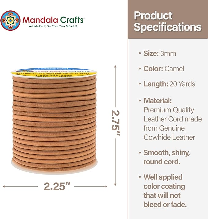 Mandala Crafts Round Genuine Camel Leather Cord for Jewelry Making – 3mm Cowhide Leather Rope String Lace for Kumihimo – 20 Yards Cowhide Craft Cording Spool