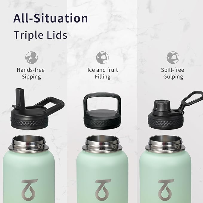Trebo 32 oz Water Bottle Insulated with Lid and Straw, Triple Wall Vacuum Stainless Steel Sports Flask with Paracord Handle, Keep Hot 24 Hours & Cold 48 Hours Water Cup with 3 Lids, Dark Green