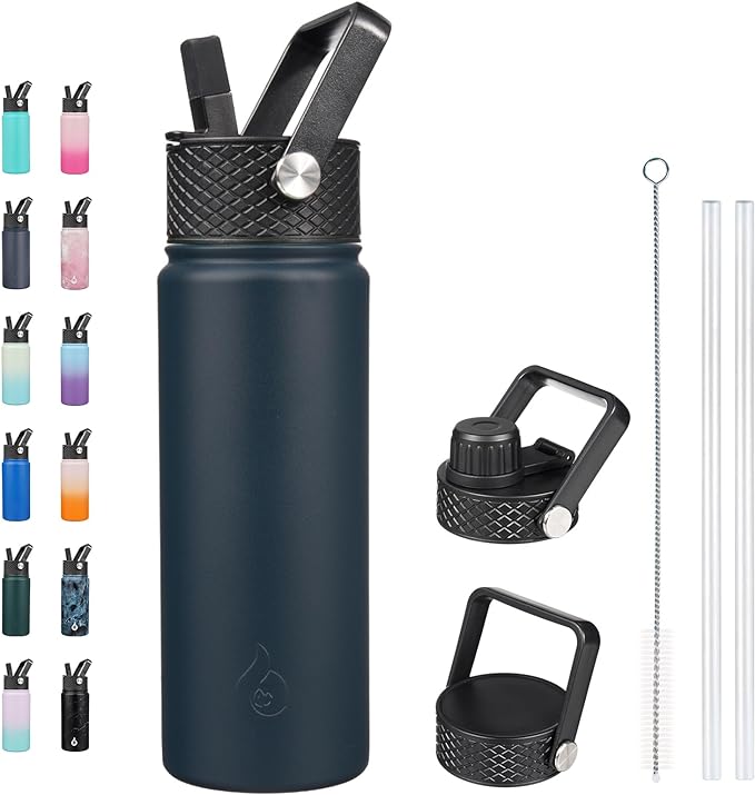 BJPKPK Insulated Water Bottles with Straw Lid, 22oz Cold & Hot Thermo, Stainless Steel Metal Water Bottle with 3 Lids, Reusable Thermo, Cups, Mugs for Daily Use-Navy Blue