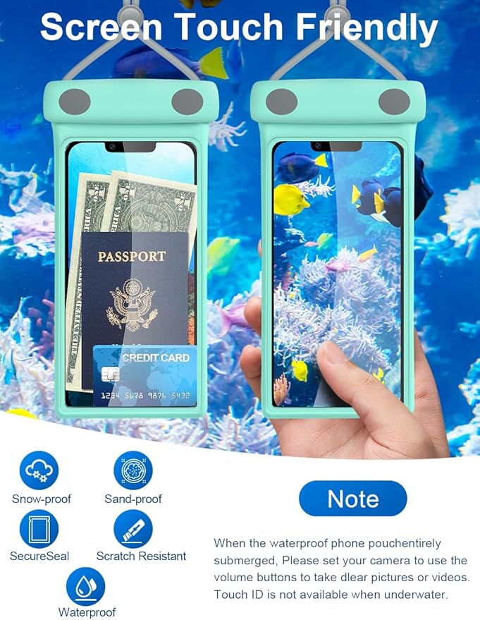 wellhouse Waterproof Phone Pouch, Waterproof Phone Case for iPhone 16 15 14 13 Pro Max XS Samsung, IPX8 3D Cellphone Dry Bag Beach Essentials - Duke Crystal Mint