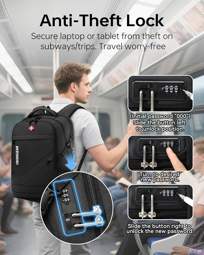 CROSSGEAR Travel Laptop Backpack + Crossbody Sling Bag Set, Fits 14-17.3" Laptop Computer, Anti Theft Lock, Charging Port, Multi-pocket, 25L Waterproof Work Business Backpack for Men Women, Black