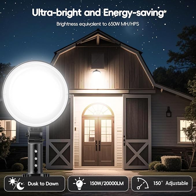 150W 20000LM LED Barn Lights Outdoor, Dusk to Dawn Outdoor Lighting with 150° Adjustable Pole Light 6500K Flood Light, Yard Lights IP66 Waterproof Area Street Light for Garage Warehouse