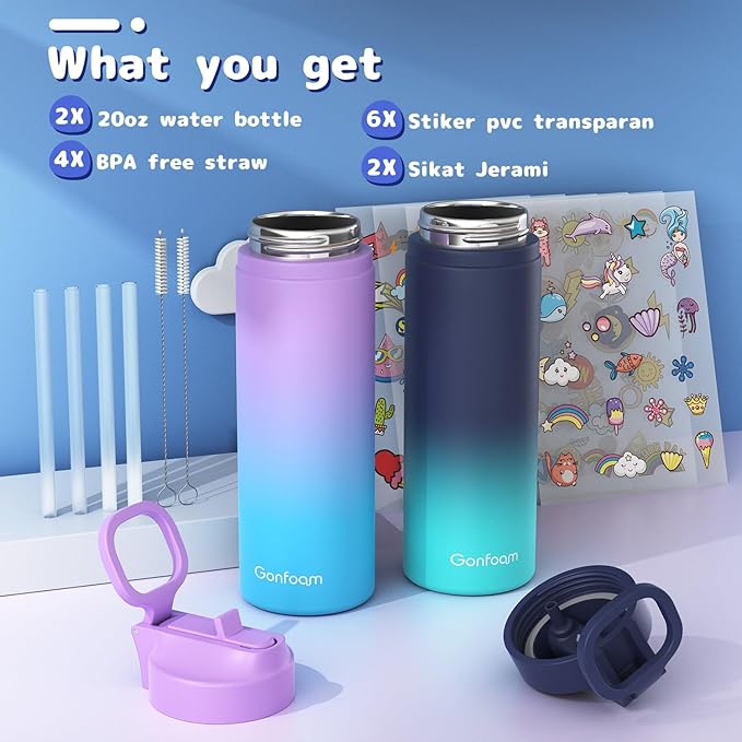 Kids Water Bottle, 2-Pack 20oz Water Bottles with Stickers and Straw, Stainless Steel Vacuum Insulated cup, Kids Water Bottle for School, Gifts for Boys and Girls(Blue/Purple)