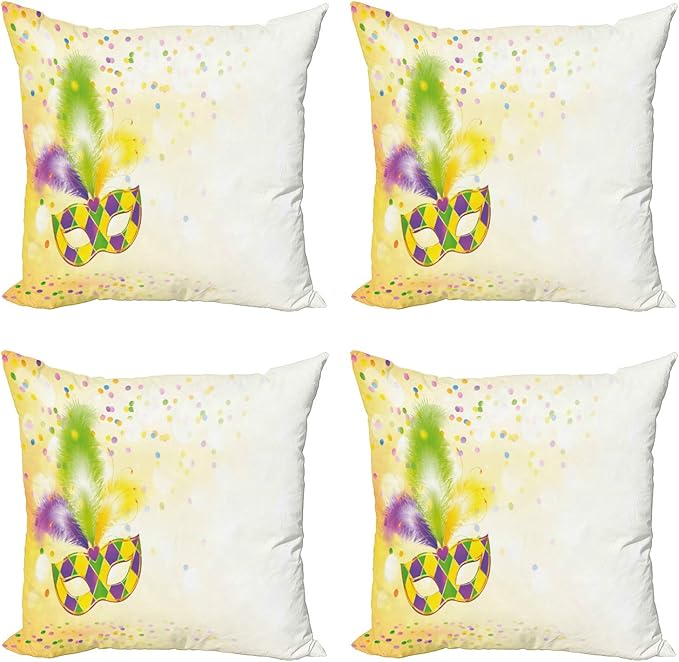 Ambesonne Mardi Gras Throw Pillow Cushion Case Pack of 4, Festival with Ornamental Feathers Colorful Dots Party, Modern Accent Double-Sided Digital Printing, 20", Yellow Green Purple