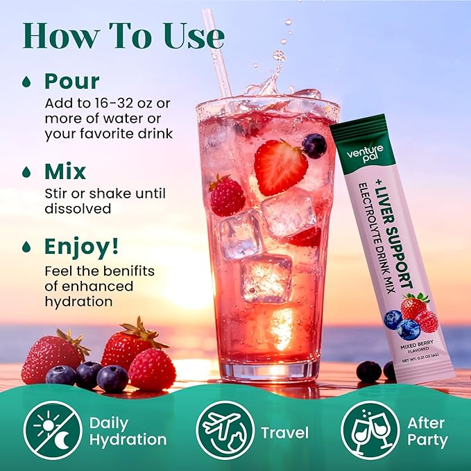 Venture Pal Hydration Packets + Liver Support- Liquid Daily IV Electrolyte Powder Packets with 7 Electrolytes & 5 Vitamins, Milk Thistle + L-Theanine | Sugar-Free | Keto Friendly | Vegan, 16 Sticks