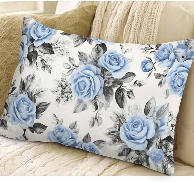 EKOBLA Farmhouse Throw Pillow Covers Blue Flowers Leaves Watercolor Floral Pattern Ink Painting Home Decorative Waist Lumber Cotton Linen Pillowcases Oblong Rectangle 12x20 Inches
