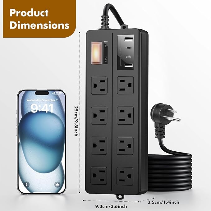15FT Outdoor Waterproof Power Strip Surge Protector with 8AC Outlets 4USB Ports Power Switch Safety Lock, ETL Certified for Patio Garden Charging