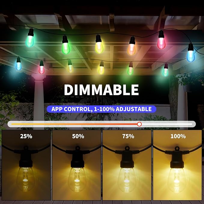 CAWWS Outdoor String Lights 75FT, Outdoor Lights for Patio with 30 Dimmable RGBW LED Bulbs, IP66 Waterproof Shatterproof, with APP Control & Remote, 24V Adapter Color Change,for Backyard Decor