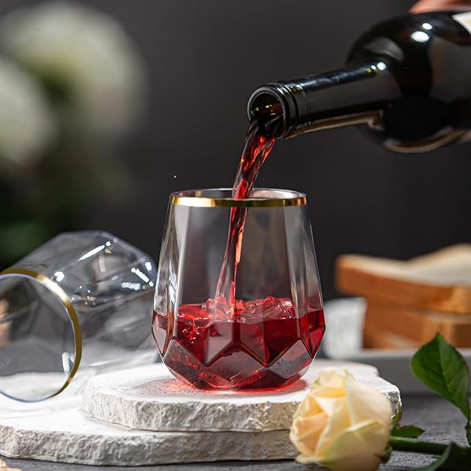 Lueumxc 40 Pack Plastic Wine Glasses, 12Oz Diamond Disposable Wine Glasses Unbreakable Clear Plastic Cocktail Glasses Recyclable Shatterproof Reusable Wine Cups