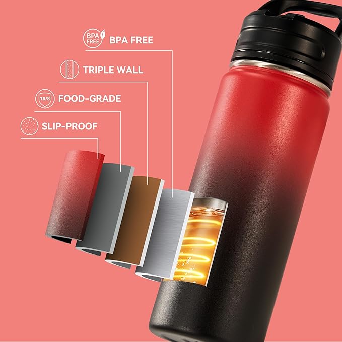 Fijinhom 24oz Insulated Stainless Steel Water Bottle with Straws, Double Wall Vacuum Insulated Bottles, Metal Thermo for Travel, Sports, Leak-Proof, BPA Free, Women & Men, Red Gradient
