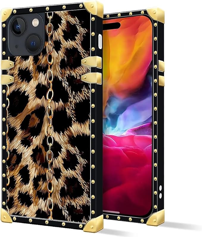 Compatible with iPhone 15 Case, Seamless Gold Chain Leopard Luxury Golden Decoration for Girl Women Soft TPU Shockproof Protective Hard PC Back for iPhone 15