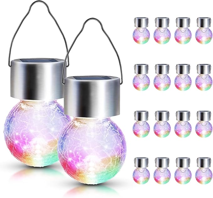 GIGALUMI Solar Lights Outdoor Waterproof, 16 Pack Solar Hanging Lights Garden Decor, Gifts for Women, Solar Outdoor Lantern Waterproof Cracked Glass for Yard, Fence, Tree(Color Changing)