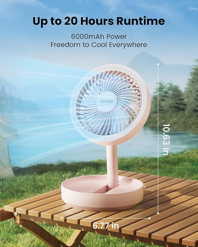 Gaiatop Foldable Small Desk Fan, 6000mAh Battery Powered Portable Fan with LED Night Light, USB Rechargeable, Bedroom Office Dorm Travel Camping Essentials, Cruise Gifts for Women Girls Mom, Pink