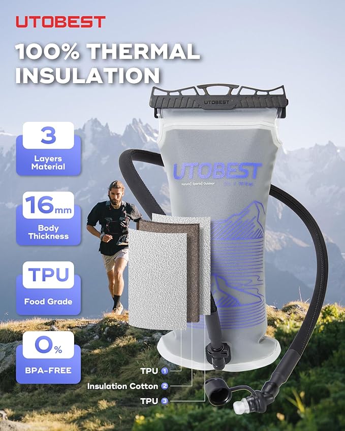 UTOBEST Insulated Water Bladder with Bite Valve Cover Keeps Water Cool or Warm for Hours, Leakproof TPU Hydration for Hiking Camping and Backpacking
