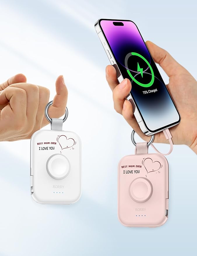 RORRY Portable Charger, 5000mAh Portable Charger Power Bank with Built-in Cables, Travel Keychain Battery Pack for Apple Watch Ultra/11/10/9/8/7/6/SE, iPhone Air/17/16/15/14/13/12, Mom-White