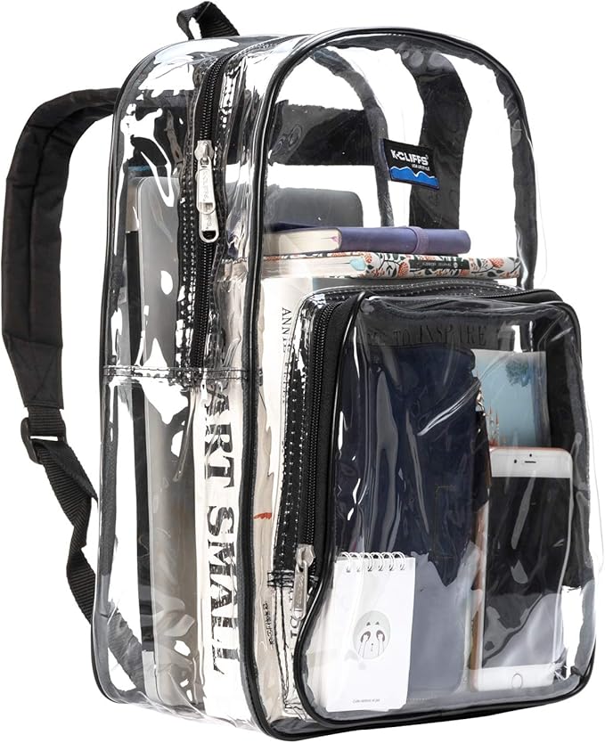 K-Cliffs Large Transparent Backpack Clear Heavy Duty School Bag Durable Student Bookbag See Through Vinyl Daypack Workbag