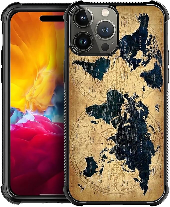 for iPhone 15 Pro Max Case, Brown World Map Pattern Graphic Design Girl Boy Soft Silicone Hard Acrylic Shock Protection for iPhone 15 Pro Max