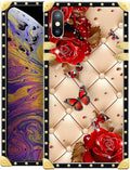Compatible with iPhone Xs Max Case, Shining Red Rose Butterfly Leather Background Luxury Golden Decoration for Girl Women Soft TPU Shockproof Protective Hard PC Back for iPhone Xs Max