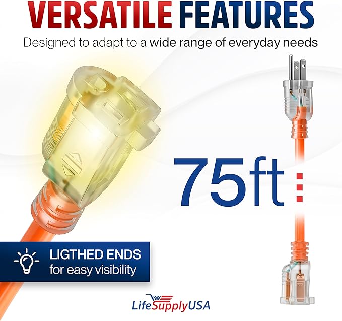 75ft Outdoor/Indoor Extension Cord 12/3 Gauge Extra Heavy Duty 3 Prong SJTW, Waterproof, Flexible Cold-Resistant Long Power Cord,15A 125V 1875W, Orange by LifeSupplyUSA