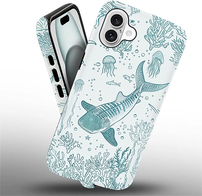 for iPhone 16 Case,HH2 Ocean Whale Shark Hybrid 2 Layer Hard Shell Silicone Protective Pattern Design Case