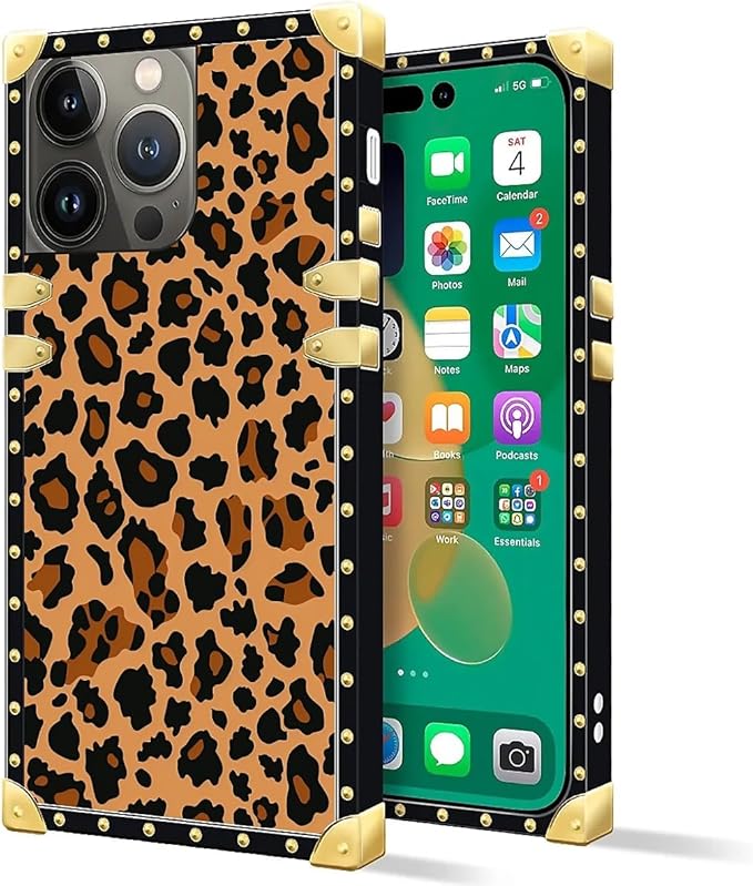 Compatible with iPhone 14 Pro Case, Brown Leopard Texture Luxury Golden Decoration for Girl Women Soft TPU Shockproof Protective Hard PC Back for iPhone 14 Pro