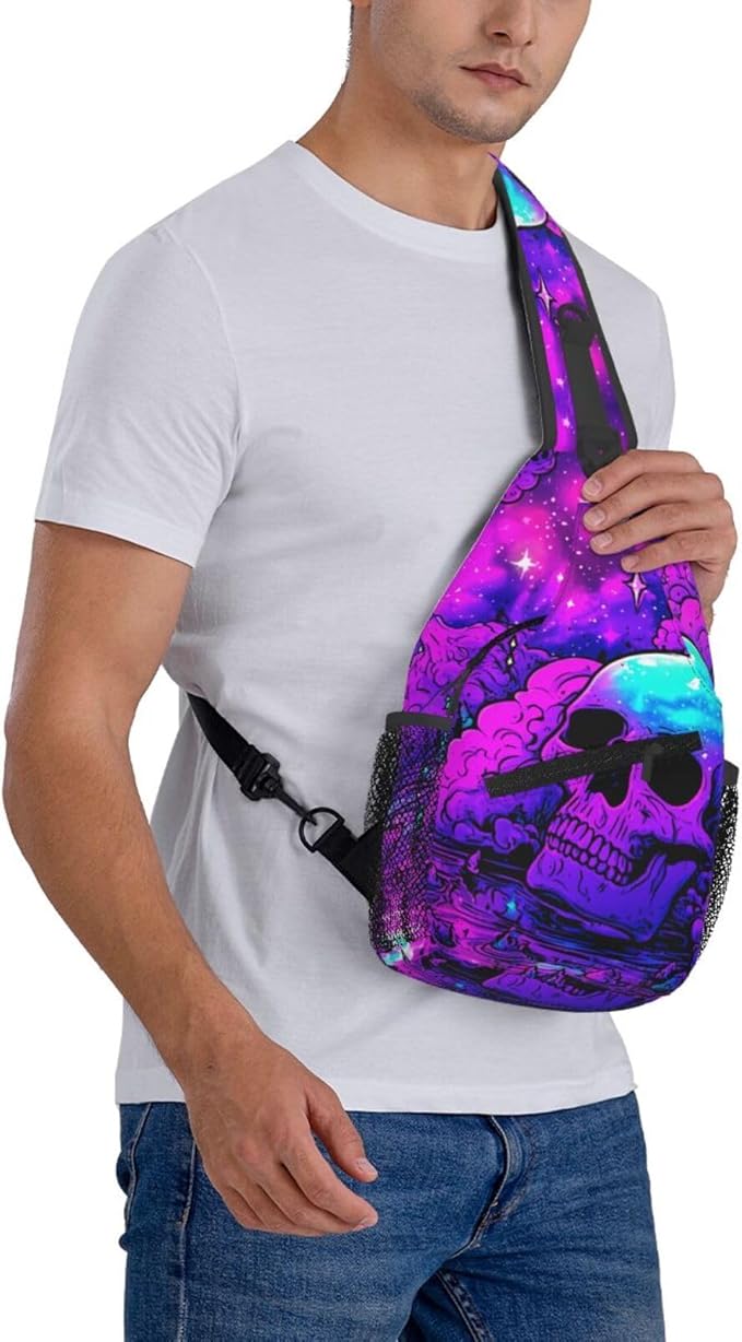 Trippy Skull Sling Bag Crossbody Travel Hiking Chest Backpack Shoulder Daypack For Women Men