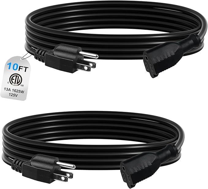 BN-LINK [2 Pack] 10ft Indoor Outdoor Extension Cord 16/3 SJTW, Black, 3-Prong, Weather Resistant & Flame Retardant, for Garden, Landscaping & Holiday Decorations