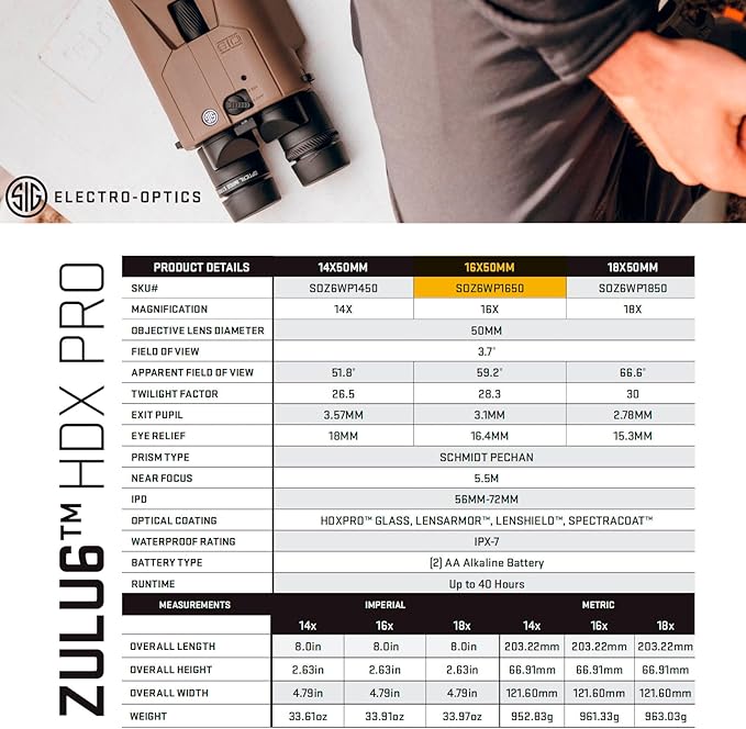 SIG SAUER ZULU6 HDX PRO 18x50mm Waterproof Fogproof Durable FDE Image Stabilized Hunting Binoculars, Multicoated Anti-Glare Lenses, Up to 40 Hours Runtine, Carrying Case & Carrying Strap Included
